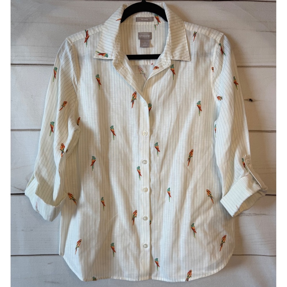 Chico's No Iron 100% Linen Parrot Print Pinstripe Button Down Shirt White Size 0